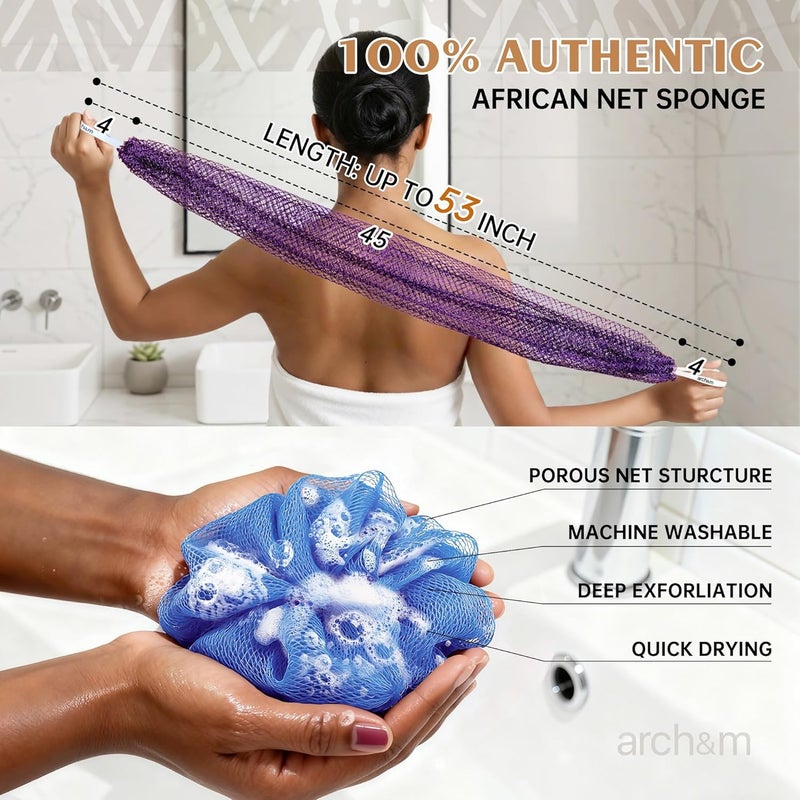 ARCH&M African Exfoliating Net Sponge Afroscrub - Authentic African Net Sponge with Knots Exfoliating Wash Cloths for Body Scrubber Back Scrub Exfoliator for Shower Bath Forest Green + Golden by - Image 2